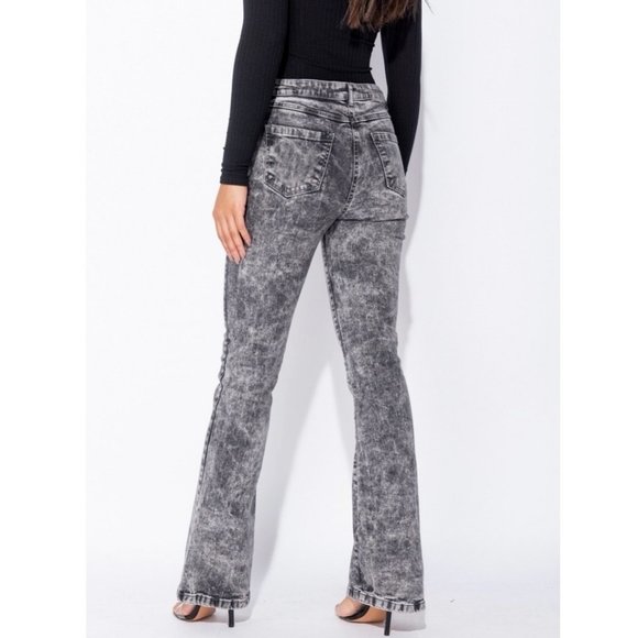 Gray Acid Wash High Waist Skinny Flare Denim Jeans - Picture 9 of 10